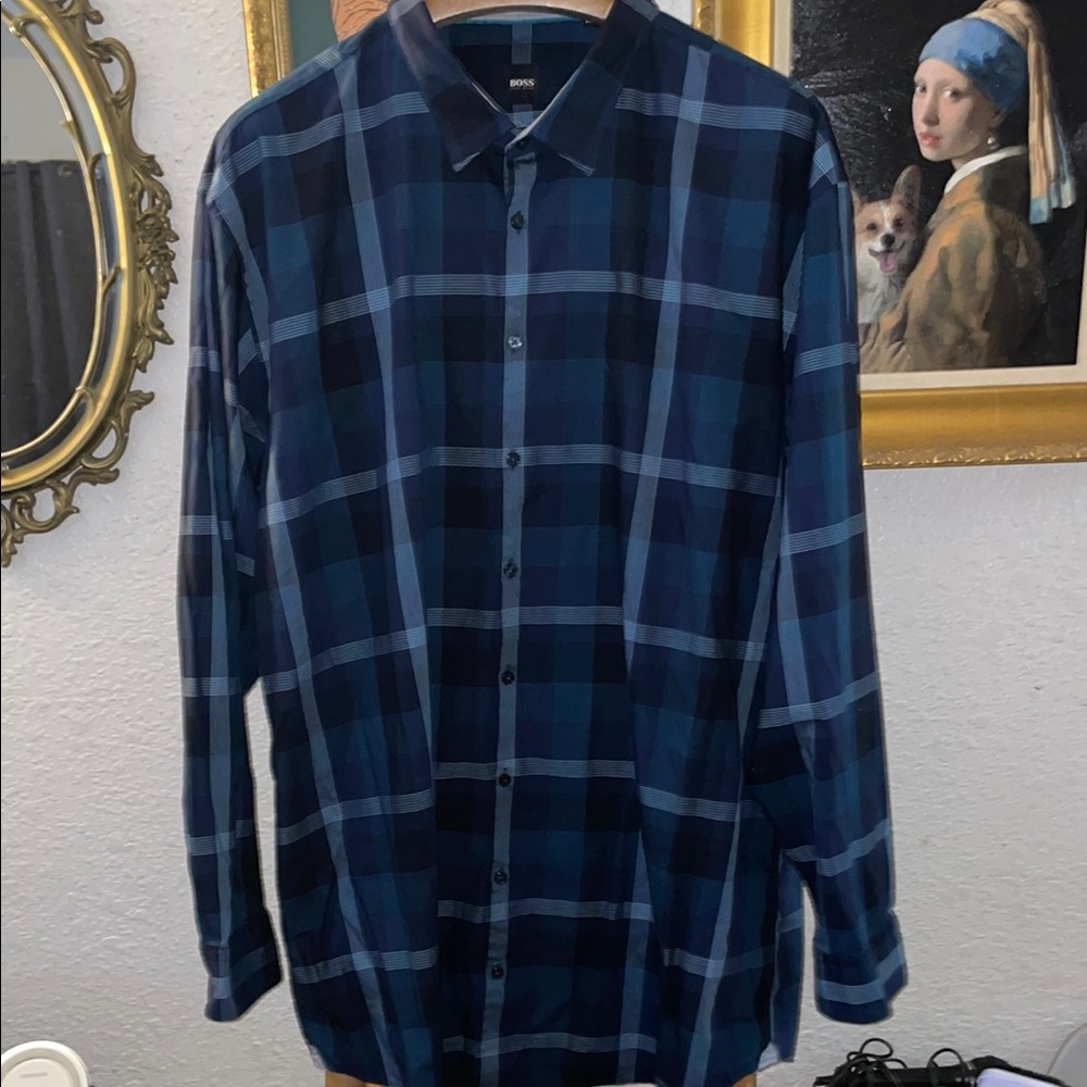 Boss Blue Casual Button Down Shirt with Classic Plaid Design